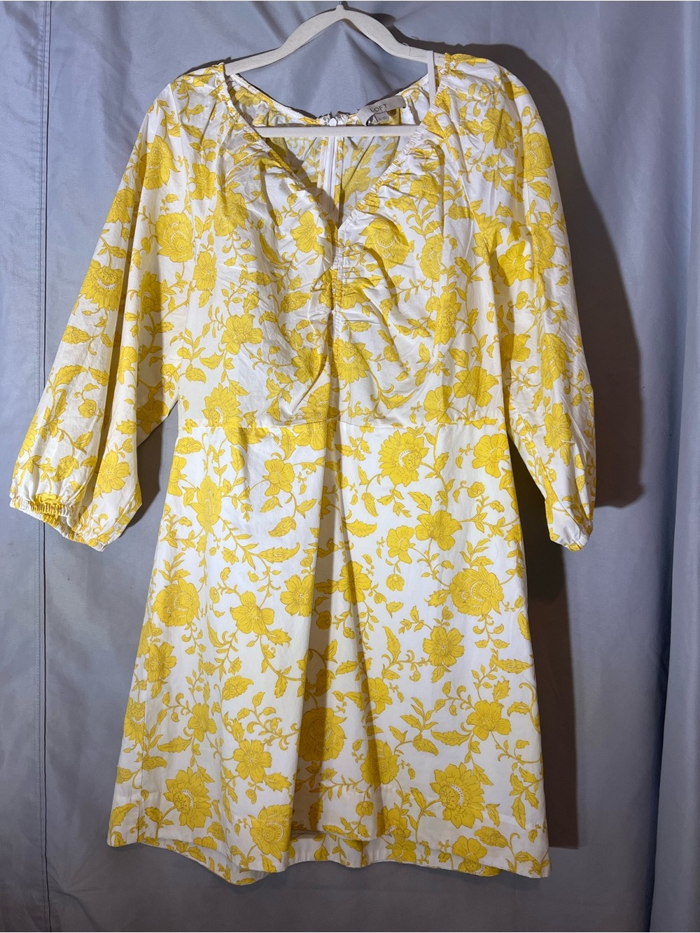 LOFT Yellow Floral Ruffle-Front Long Sleeve Dress